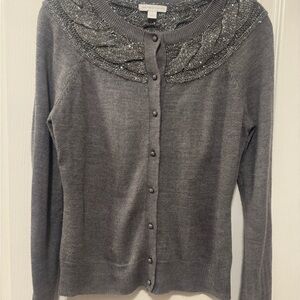 New York & Co. Gray Cardigan with Sparkle, Sequin, and Cable Knit collar